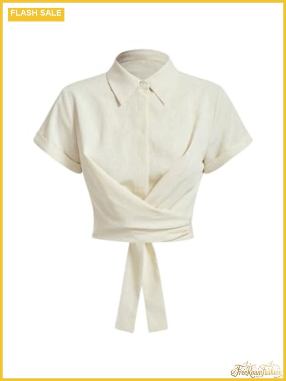 Crop Blouse Short Sleeve Collared Button Up Wrap Front Bow Tie Back